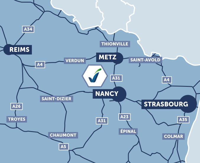 Plan de situation du bureau d'étude EVADIES entre Metz et Nancy